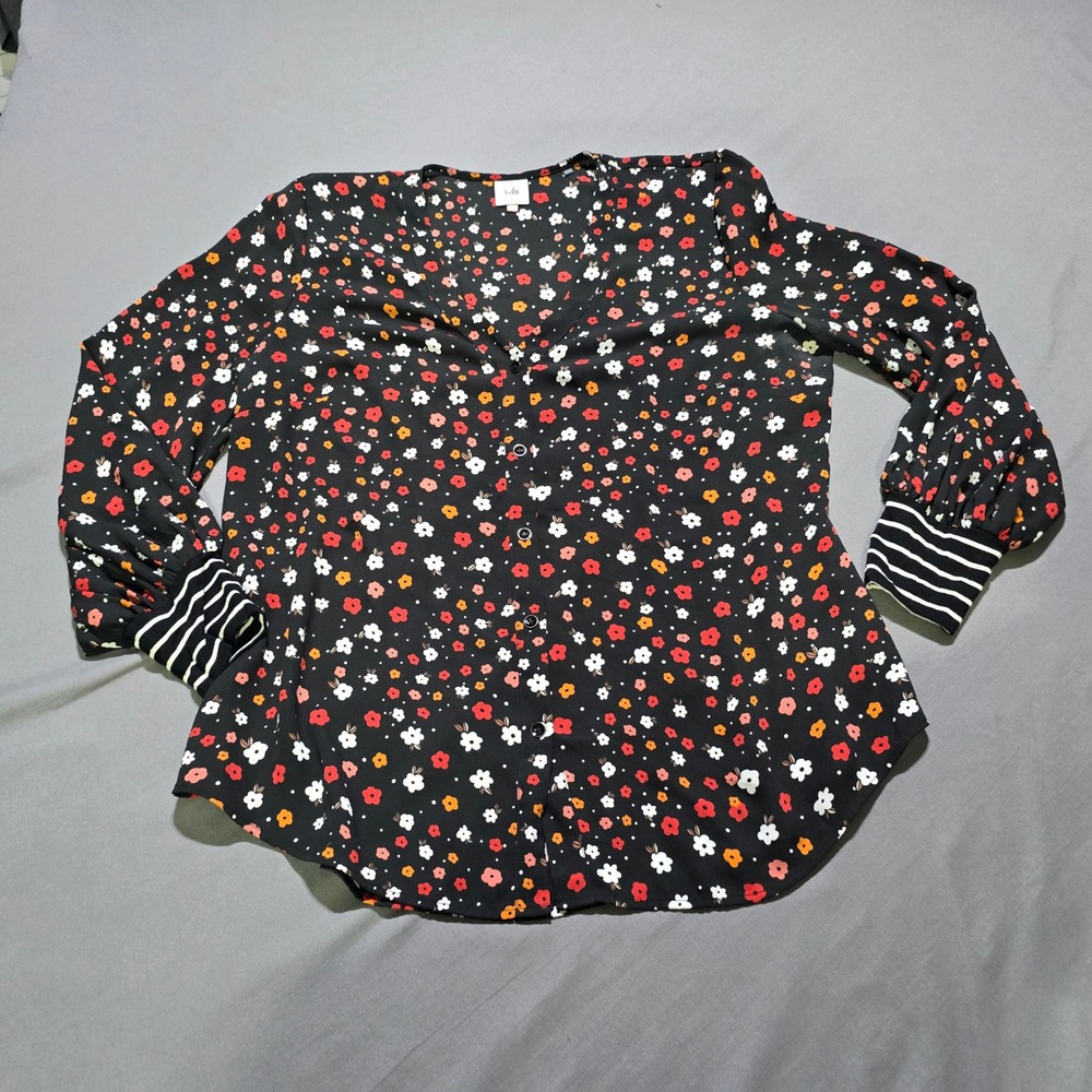 Cabi Blouse Women Large Black Floral Striped Cuff Button Down 3957
